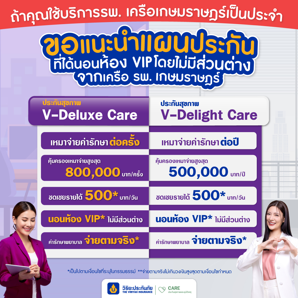 แผนประกันสุขภาพวี ดีลักซ์ แคร์ บาย เกษมราษฎร์ และประกันสุขภาพ วี ดีไลท์ แคร์ บาย เกษมราษฎร์